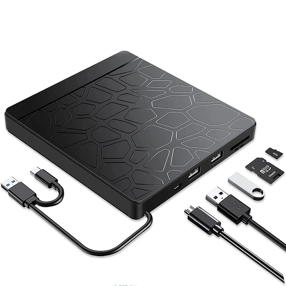 Black external optical drive with dual USB connectors for notebook computers