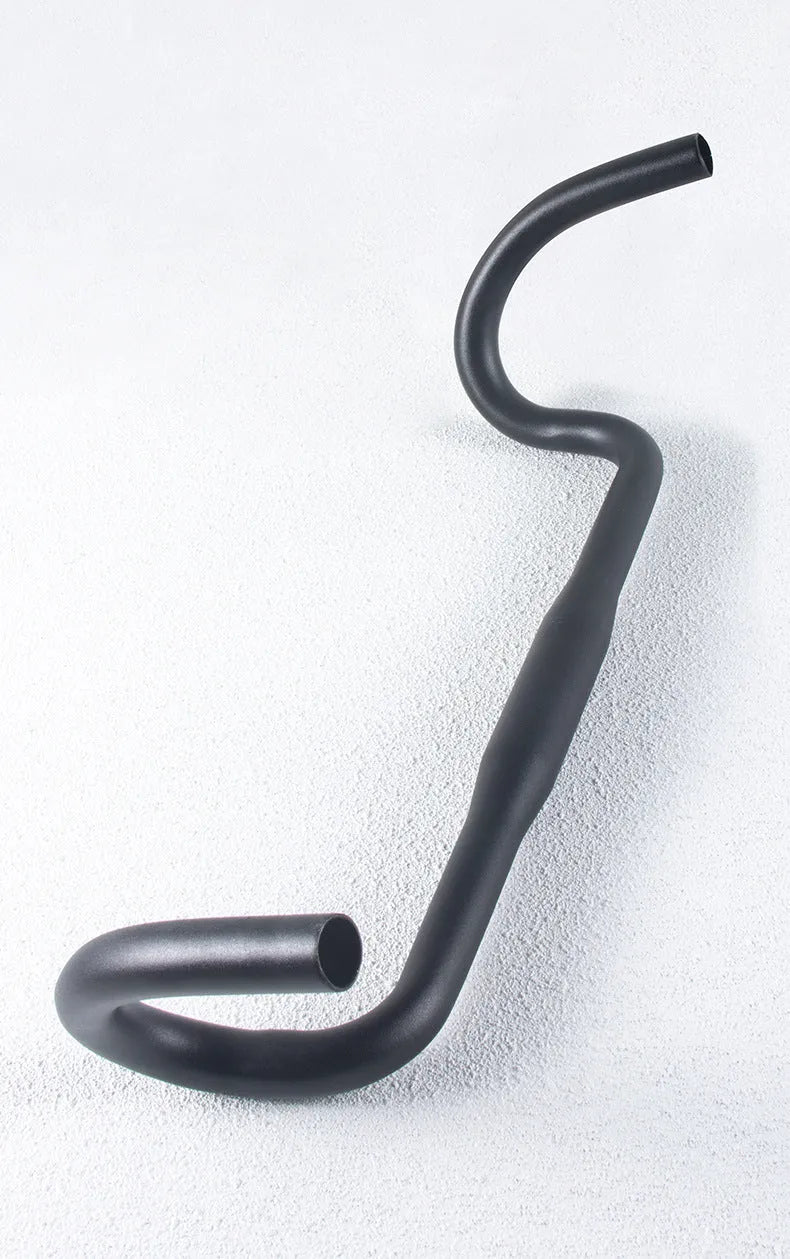 Black aluminium alloy road bike handlebar showing 420mm width and racing bend profile