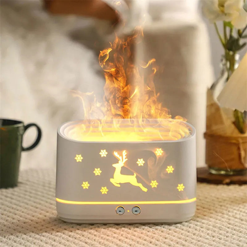 White round humidifier diffuser with glowing flame effect light and USB cable