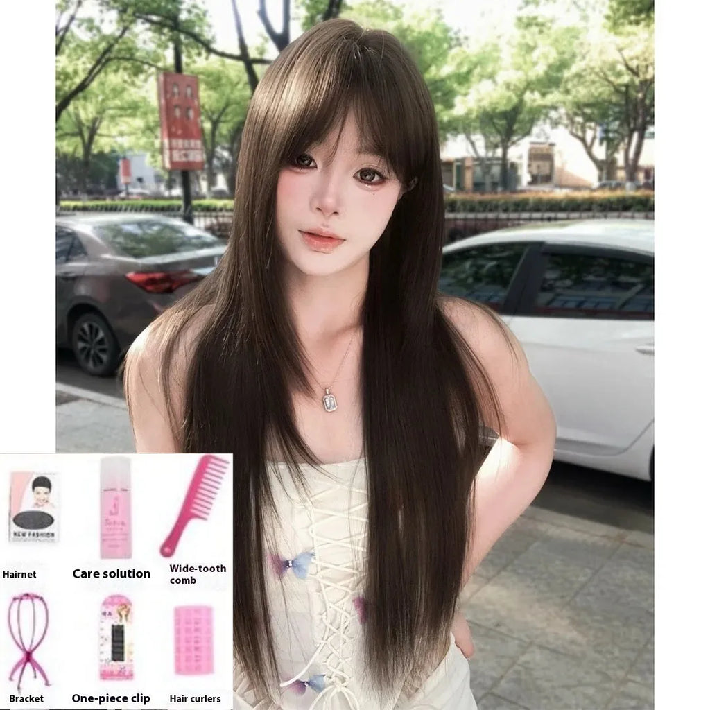 Brown black wig with black tea simulation colouring and wear-free hair net construction