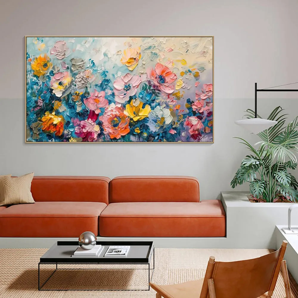 Handmade handpainted rose oil painting on canvas, large horizontal flower wall art without frame