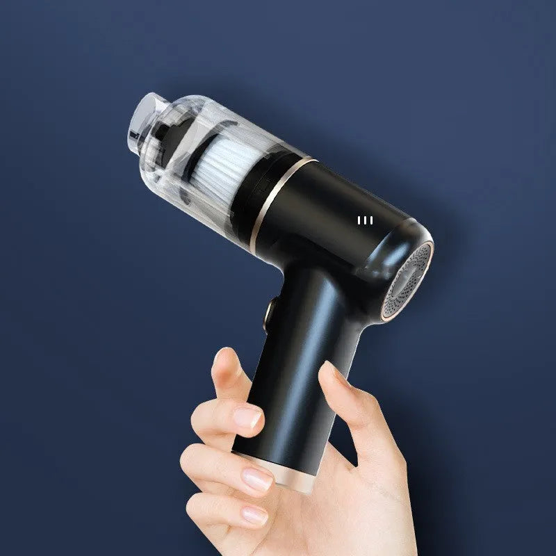 Black wireless vehicular small vacuum cleaner with attachments for car and home cleaning