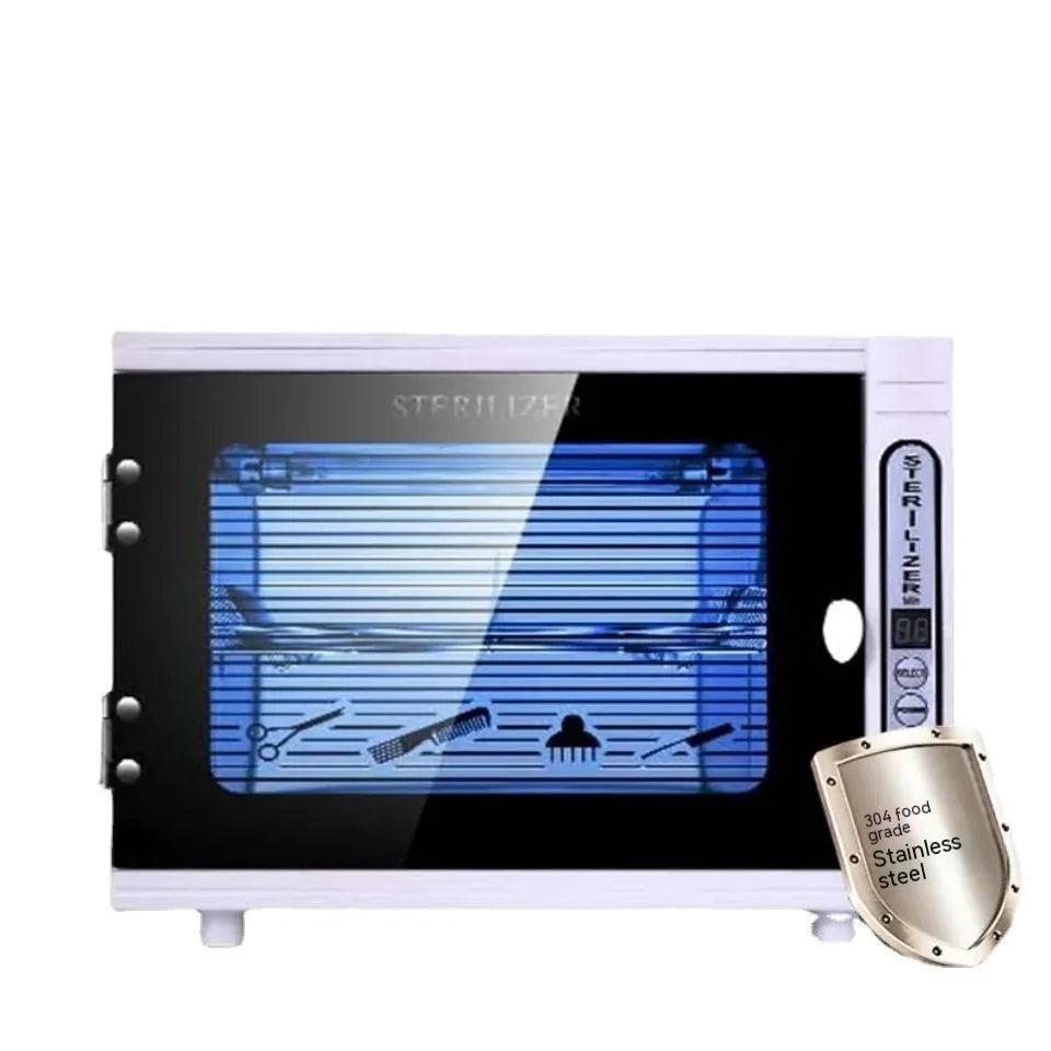 Small silver UV steriliser with stainless steel inner chamber for salon tool sanitisation