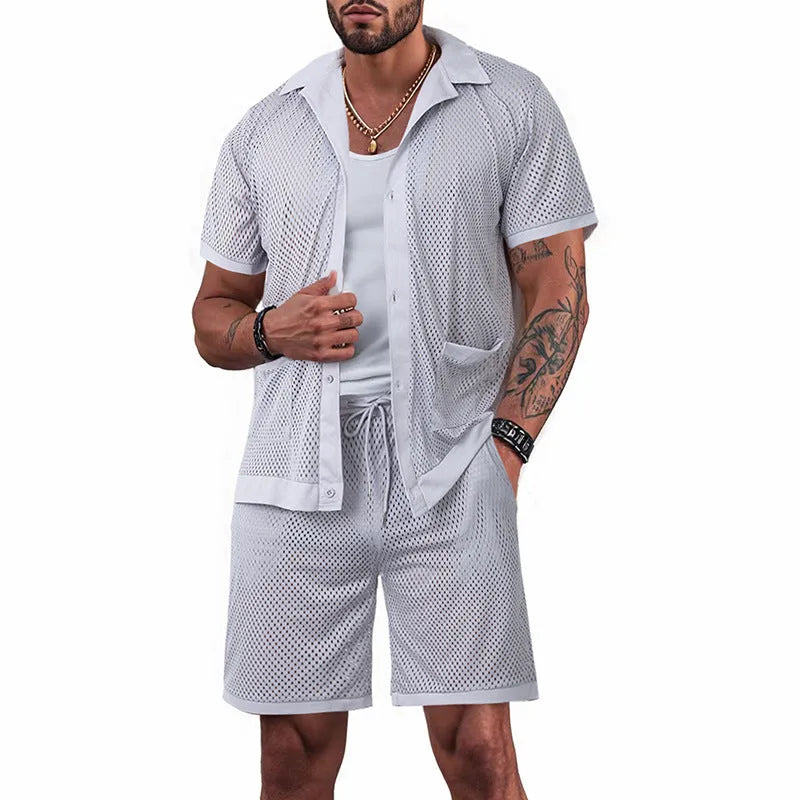 Hawaii see-through summer leisure suit comprising a short sleeve cardigan and matching shorts on a hanger.