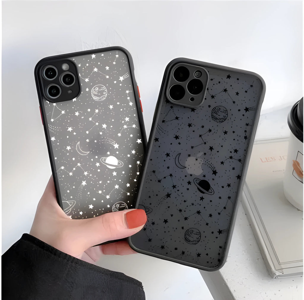 Black and white iPhone cases with blue light filtering technology for eye care.