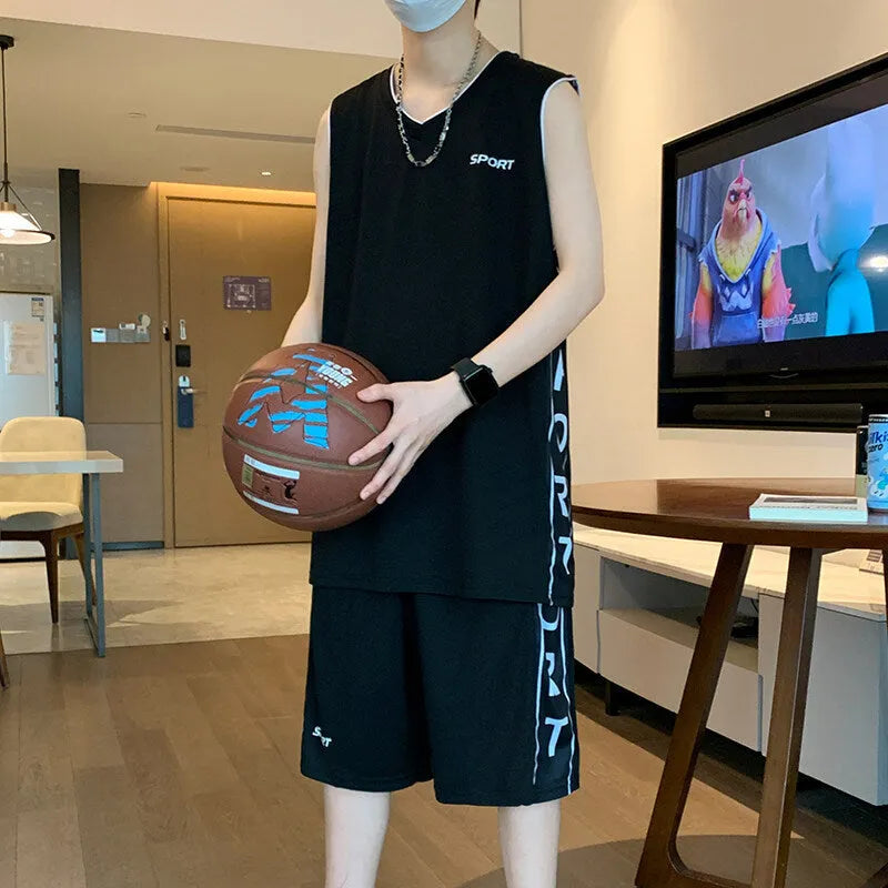Basketball sports vest and shorts set in polyester mesh fabric showing sleeveless design