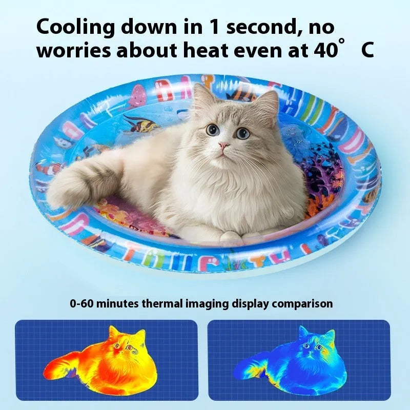 PVC inflatable water mattress for cats showing 100cm Underwater World design with water injection cooling system