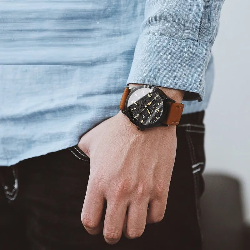 Casual business retro leather automatic mechanical watch showing 12mm thickness and colour options