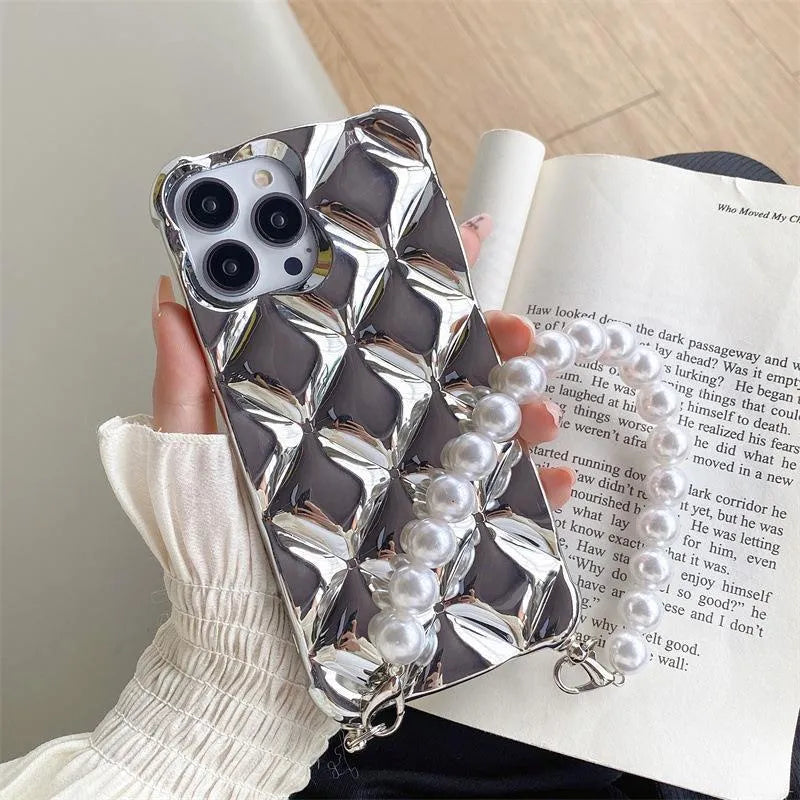 Luxury diamond bracelet phone case in plated rhombus design for iPhone, with TPU material and flash diamond lock