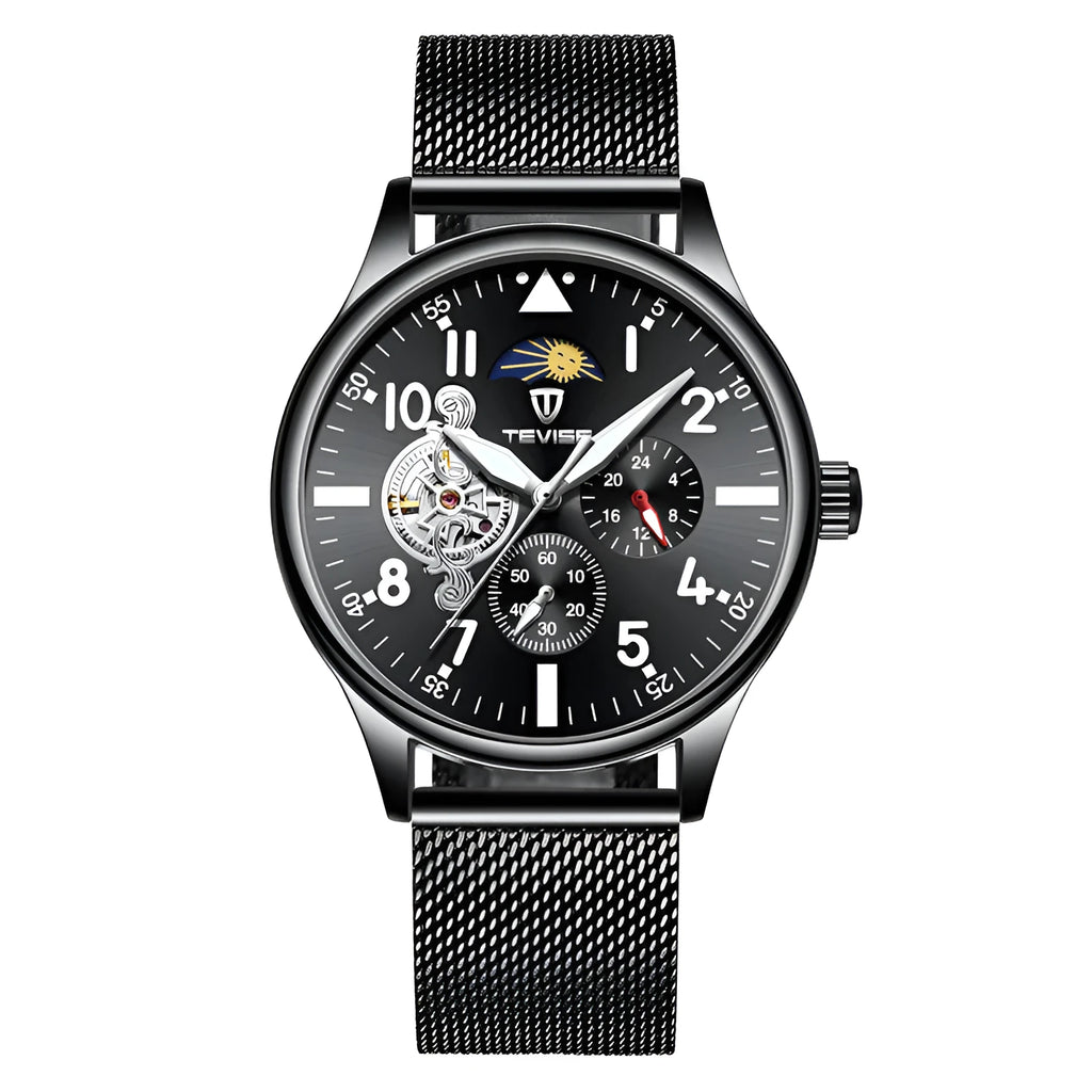Black men's mechanical watch with moon phase display and luminous hands