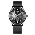 Black men's mechanical watch with moon phase display and luminous hands