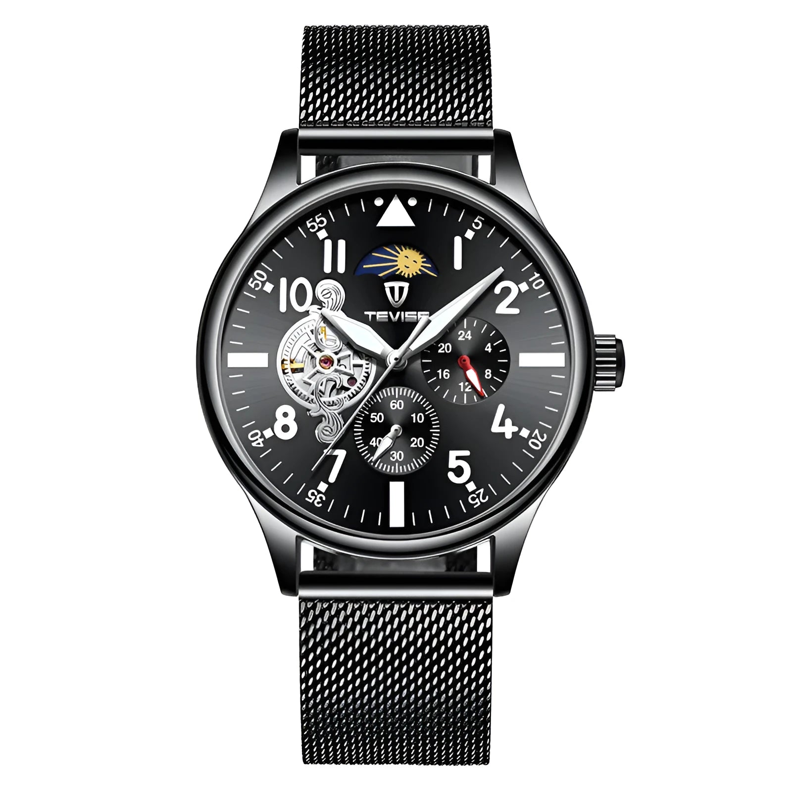 Black men's mechanical watch with moon phase display and luminous hands