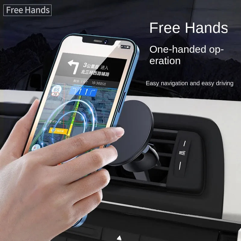Black aluminium alloy magnetic car phone holder mounted on vehicle air vent with smartphone attached