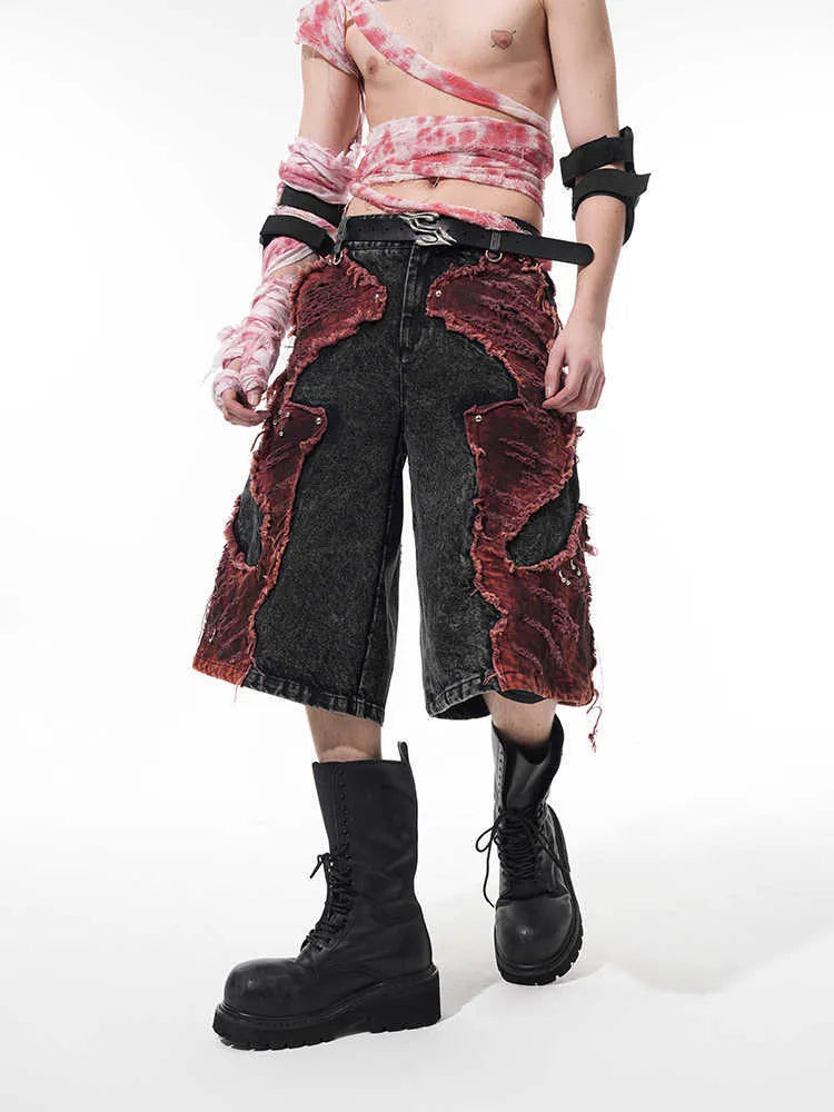 Women's distressed denim wide leg cropped trousers with mid-high waist and brushed stitching