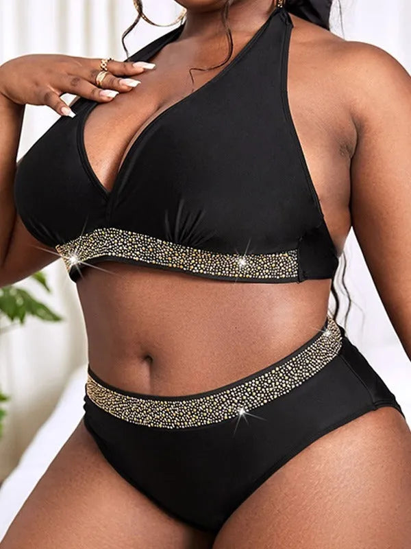 Black plus size women's bikini swimsuit with bra top and shorts, sizes 0XL to 4XL.
