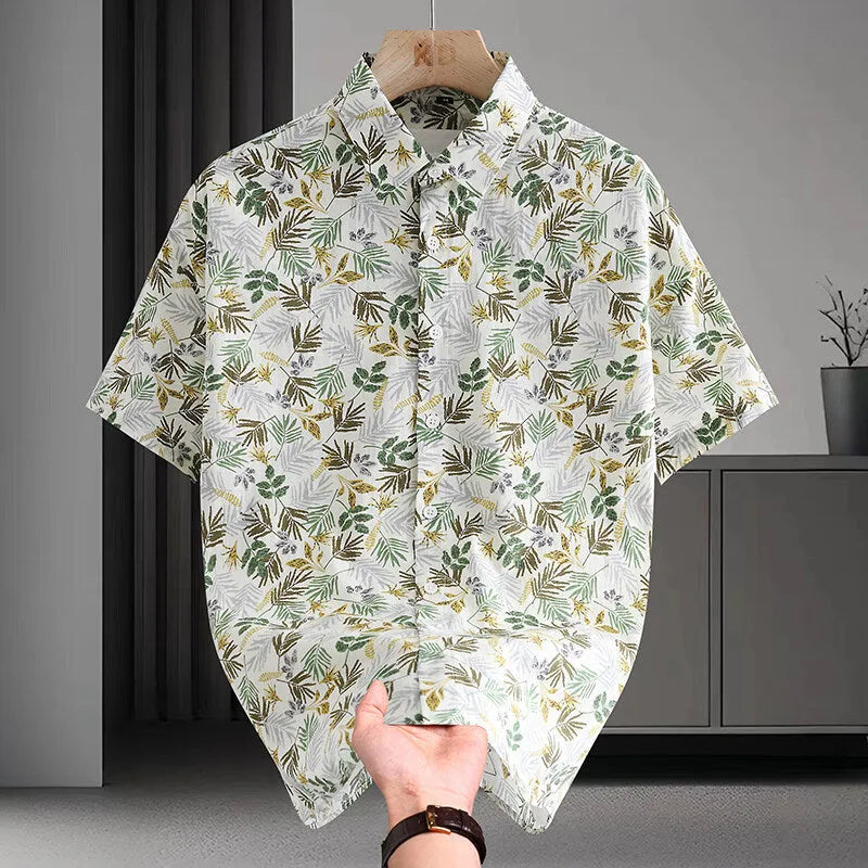 Men's short sleeve cotton cardigan shirt with printed Hawaiian floral pattern in various colour options