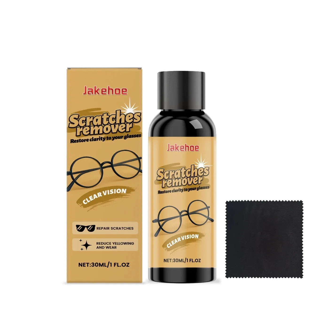 30ml glasses scratch remover bottle with silicon dioxide solution and included cloth for lens polishing