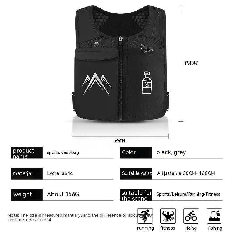 Black breathable mesh sports running vest with a front phone pocket, shown flat with dimensions