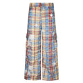 Men's blue and yellow plaid straight-leg trousers laid flat showing retro pattern