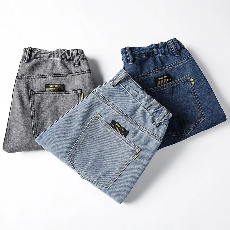 Men's loose straight jeans in dark blue cotton with mid-waist fit and straight leg cut
