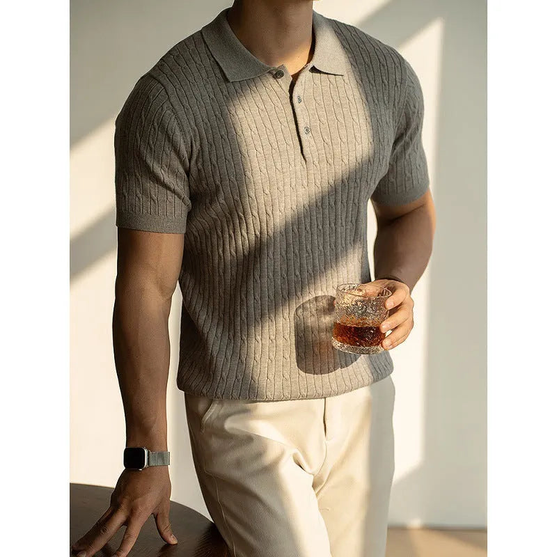Men's short-sleeve top in khaki, black, or white for business and casual wear, showing fabric detail and fit