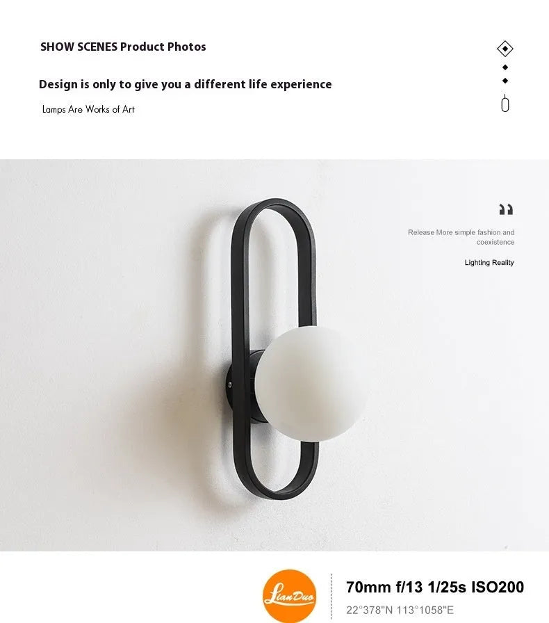Minimalist wall lamp in black or gold with glass shade and iron body, showing 12W LED tri-colour lighting