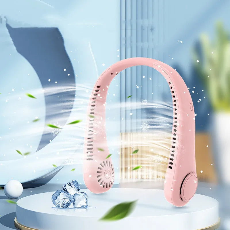 White bladeless neck fan hanging around neck showing decentralised air outlet design