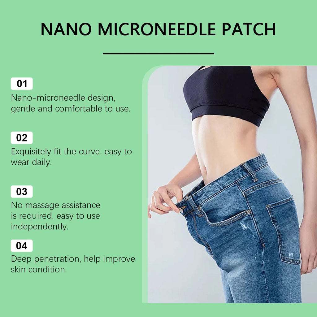 Pack of four slimming nano microneedle patches on a PE sticker backing.