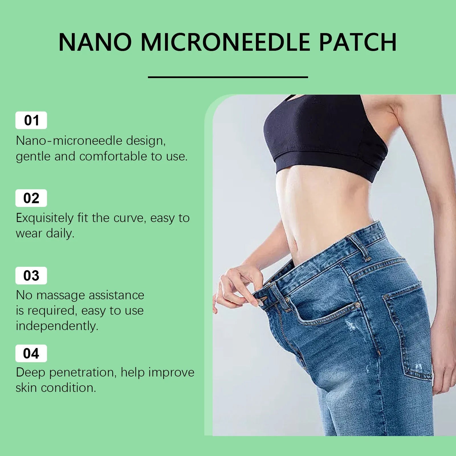 Pack of four slimming nano microneedle patches on a PE sticker backing.