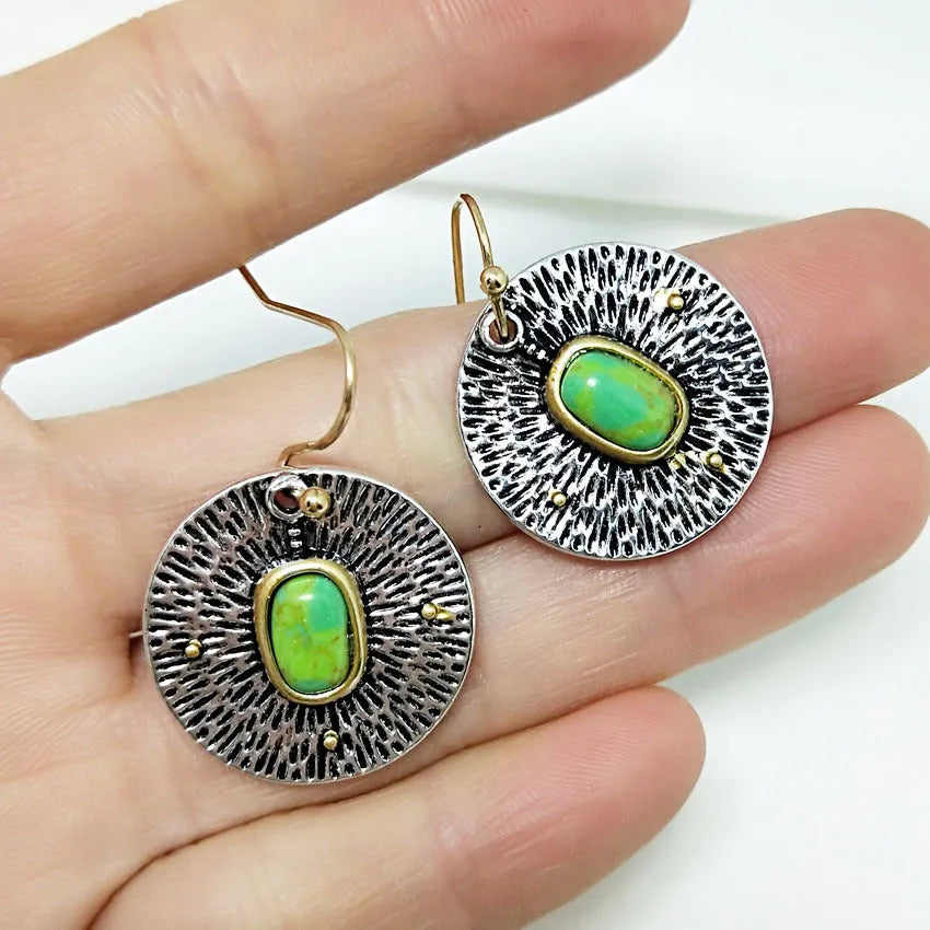 Retro turquoise colour separation earrings with antique silver electroplated finish and alloy construction