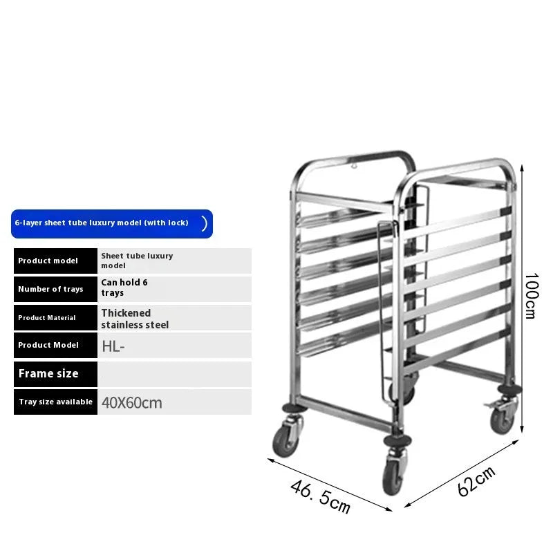 Stainless steel baking tray rack with lock, holding six 40x60cm trays