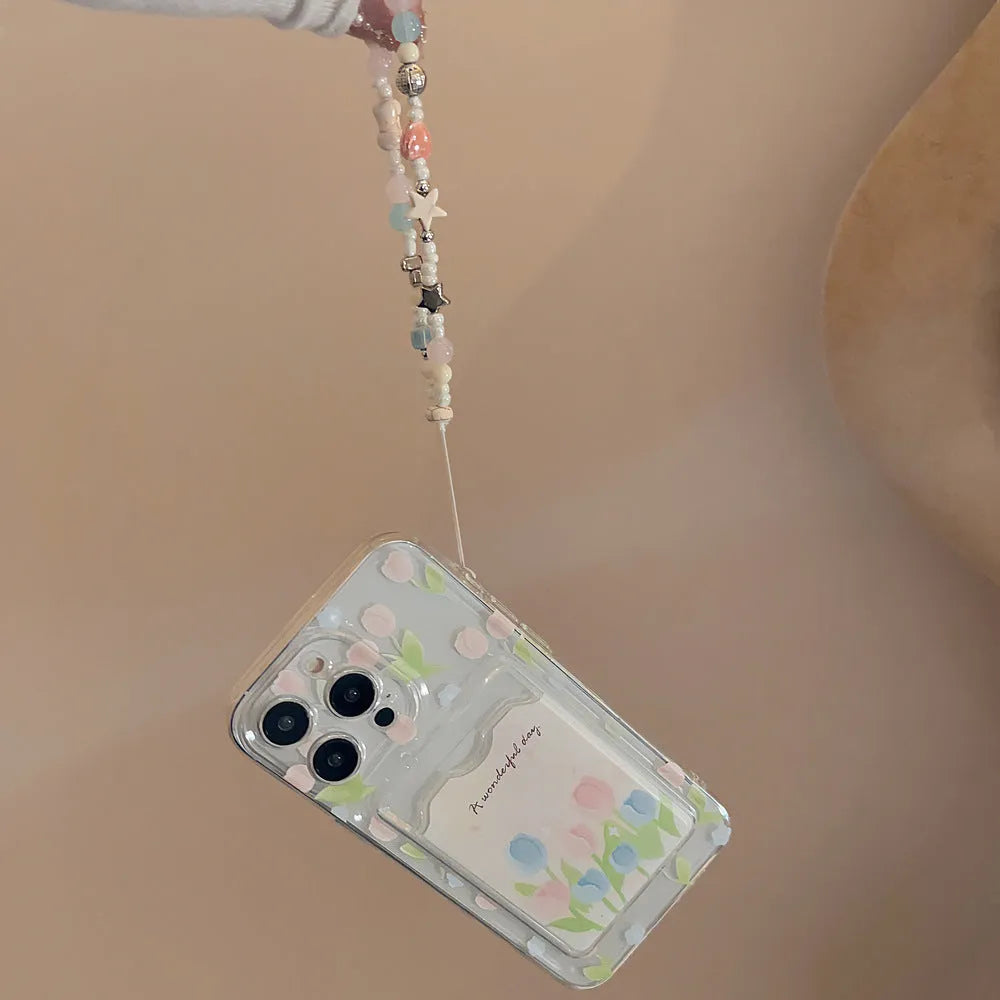 Transparent tulip flower card holder phone case for Apple iPhone, TPU soft shell with painted design.