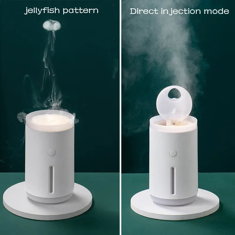 Porcelain white spitting circle humidifier with 360ml tank, USB power, and atmosphere lamp, 142*86*86mm