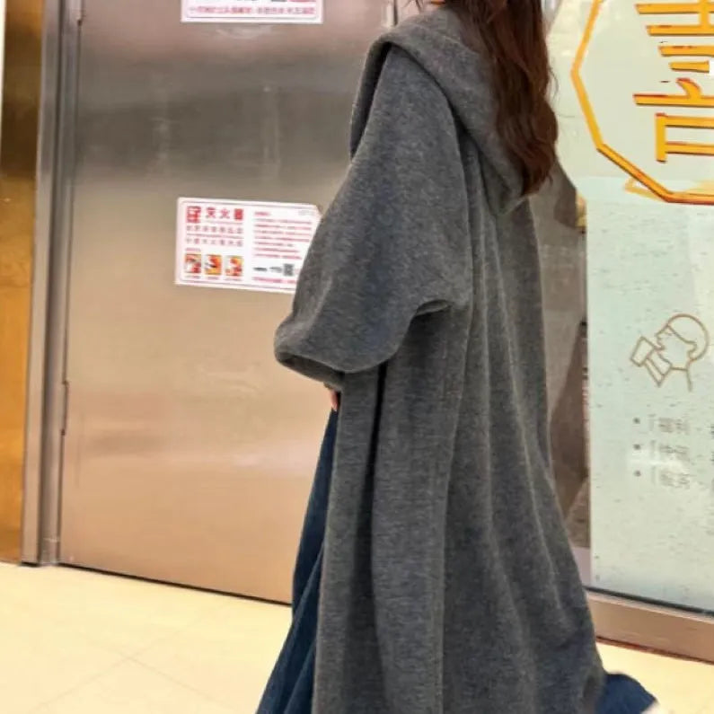Korean style hooded long knitted cardigan for women in free size with below the knee length
