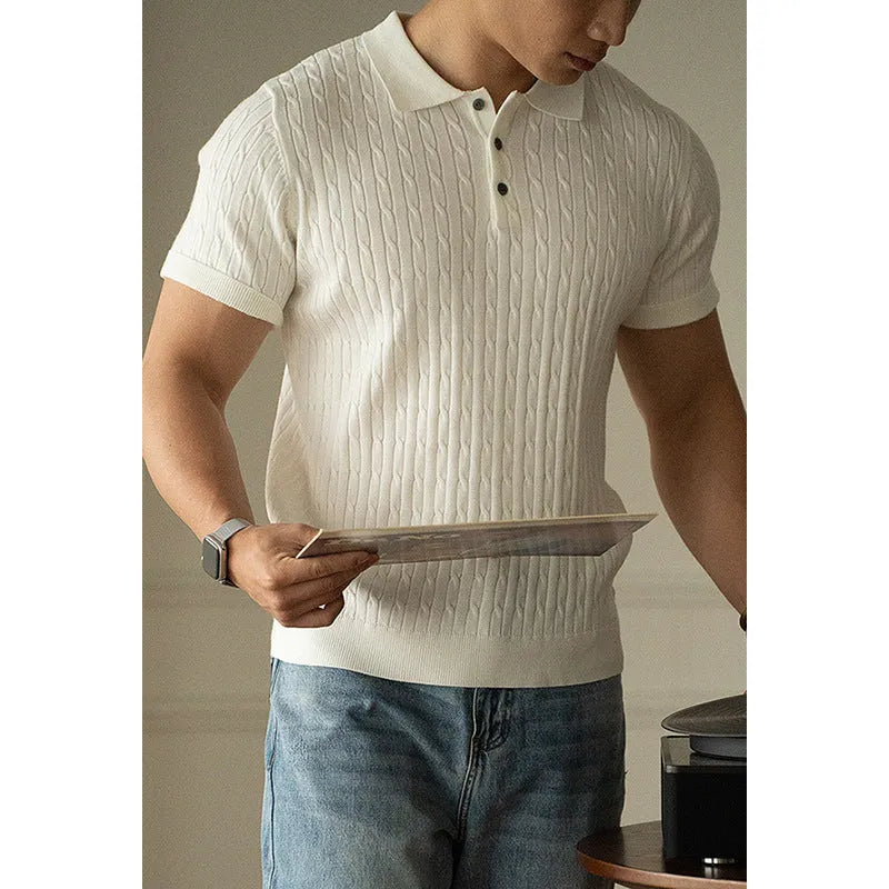 Men's short-sleeve top in khaki, black, or white for business and casual wear, showing fabric detail and fit