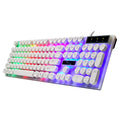 White plastic waterproof gaming keyboard with 104 keys and RGB backlighting on a desk.