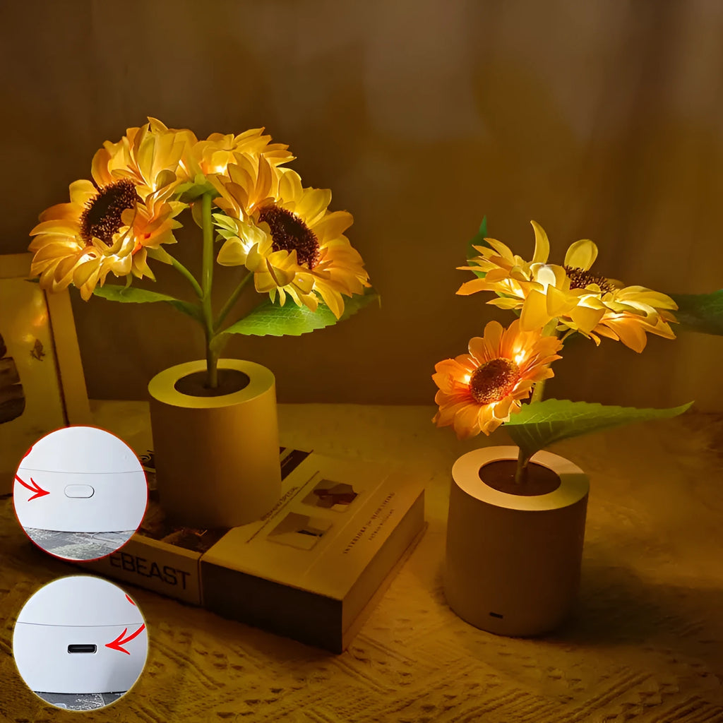 Rechargeable artificial sunflower LED night light on a table