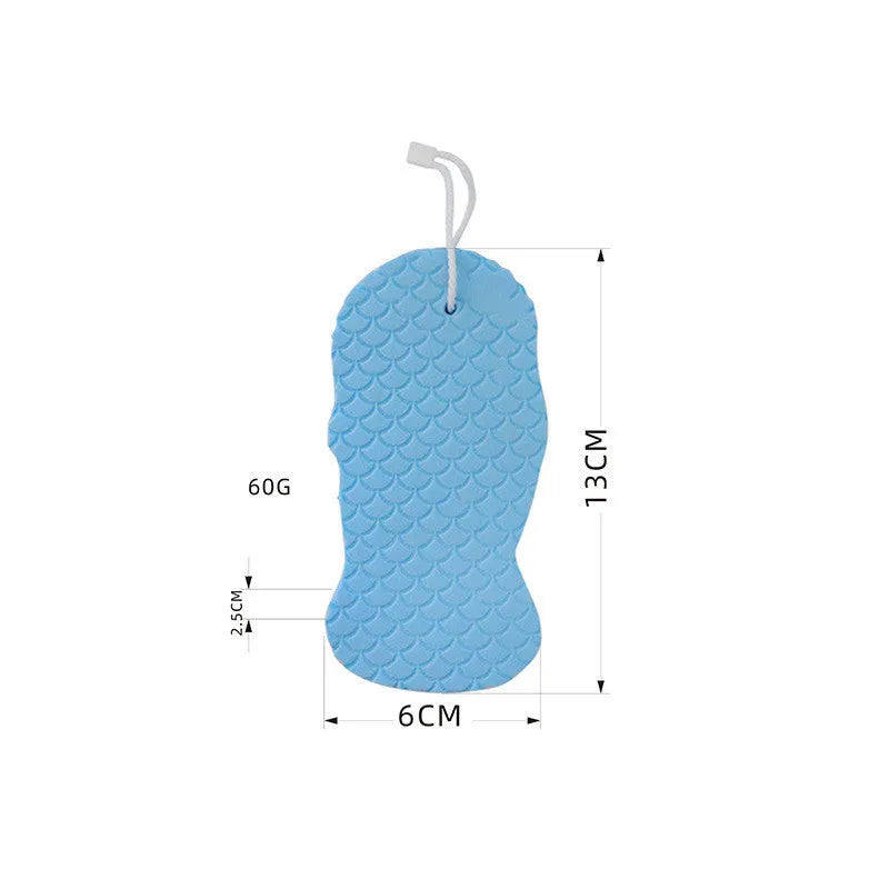 3D body rubbing sponge with fish scale pattern in white, grey, pink, or light blue, showing super-soft texture for gentle exfoliation