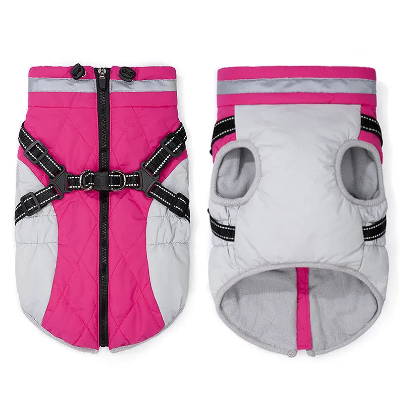 Fleece-lined waterproof zip-up dog jacket in blue, pink, purple or red, sizes S to 5XL