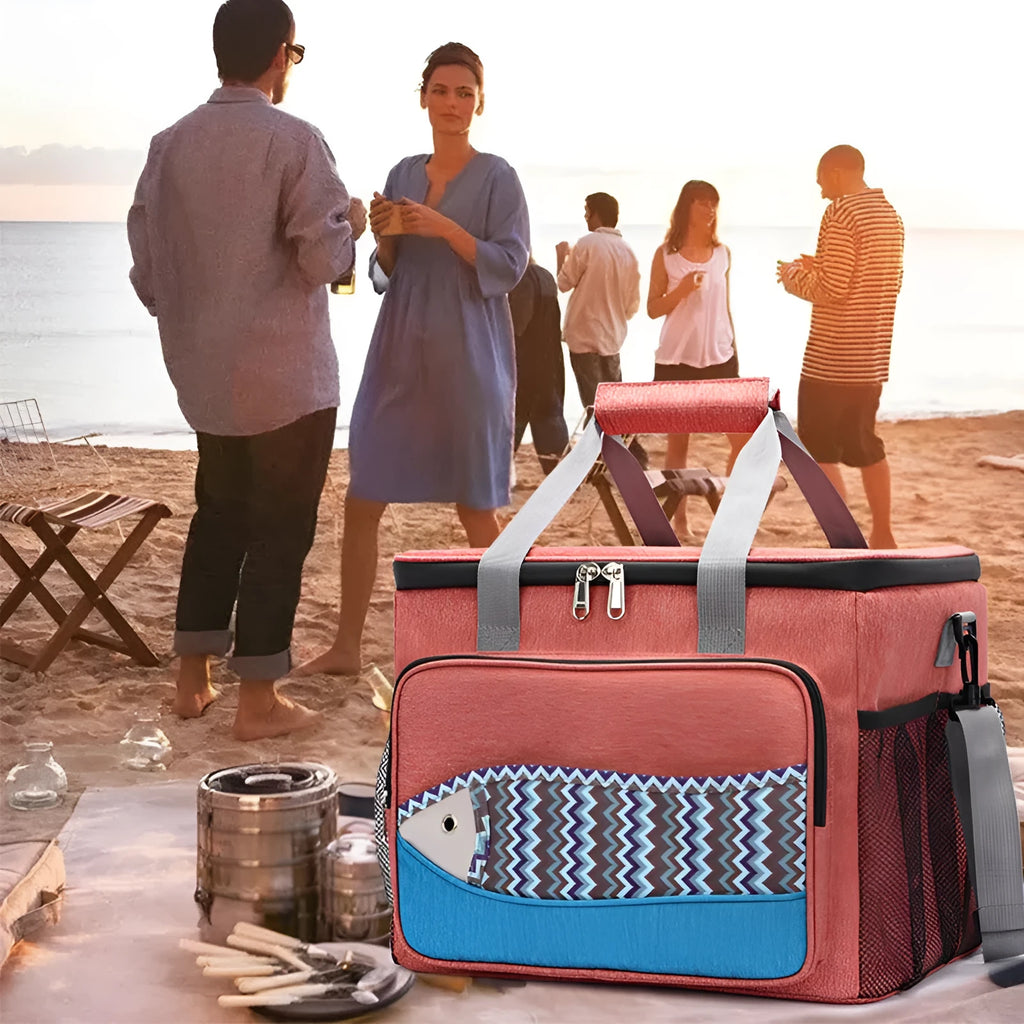 Fish pattern insulated cooler bag in Oxford cloth with EVA insulation, 15-18L capacity, medium and large sizes