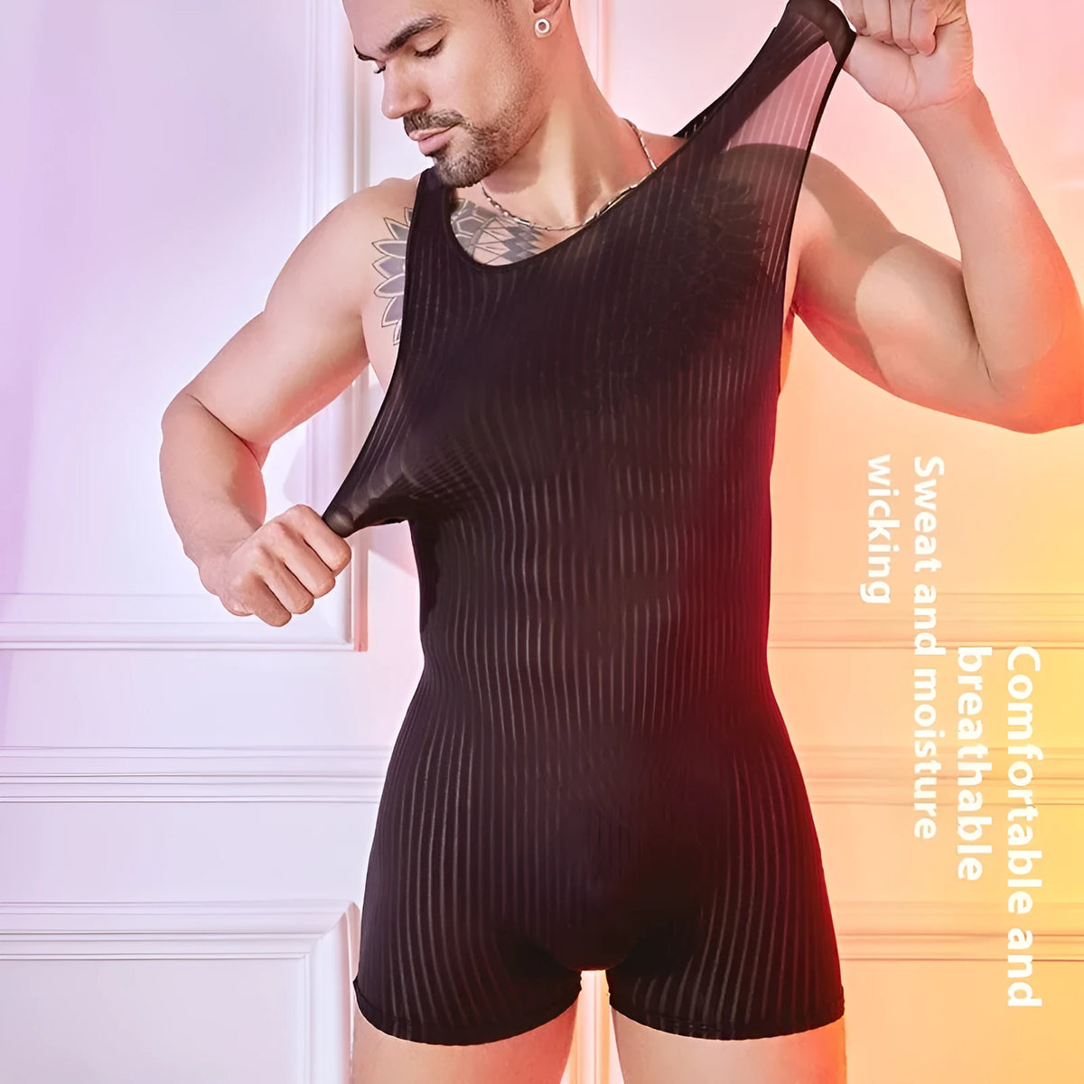 Men's striped jumpsuit in nylon fabric showing vertical pattern in available colours