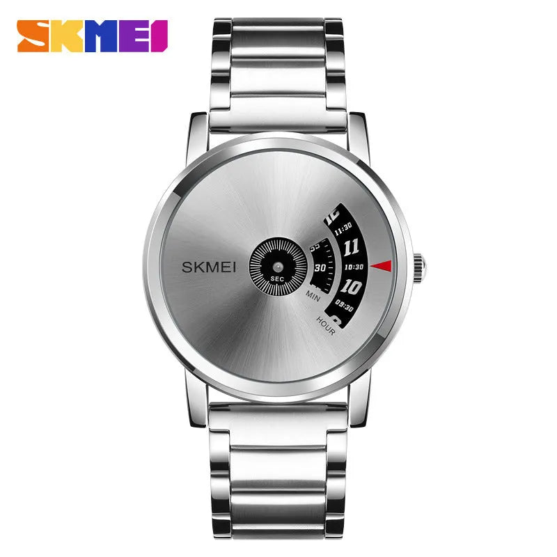 Personalised business men's quartz watch with 39mm dial, 9mm thickness, alloy case and steel belt in silver or black finish.