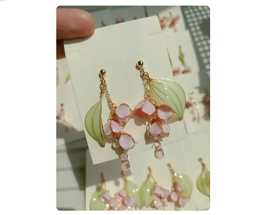 Retro Linglan flower drop earrings made from copper wire and resin, heavy industry atmosphere style