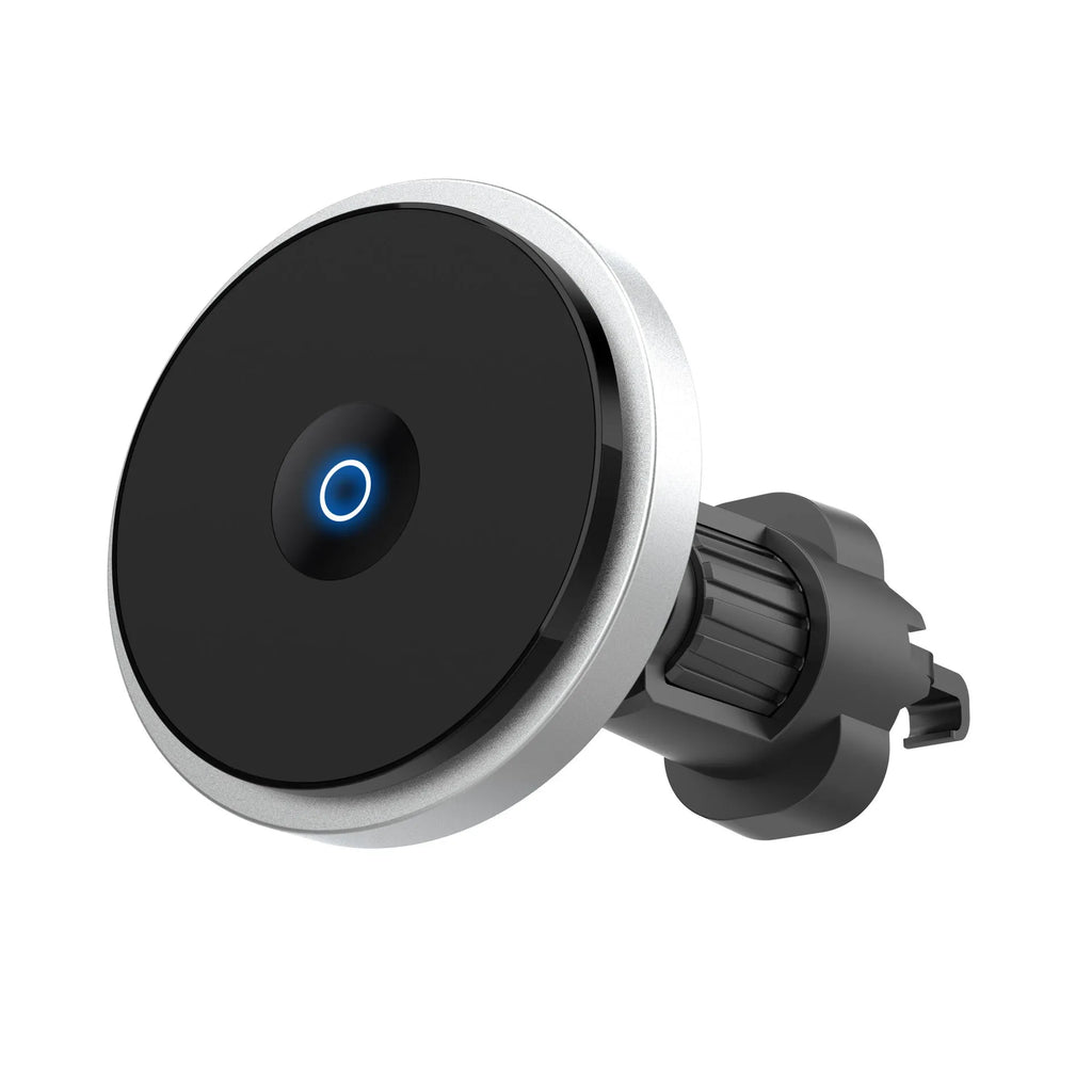 Silver magnetic 15W wireless car charger mounted on a car air vent showing aluminium alloy construction