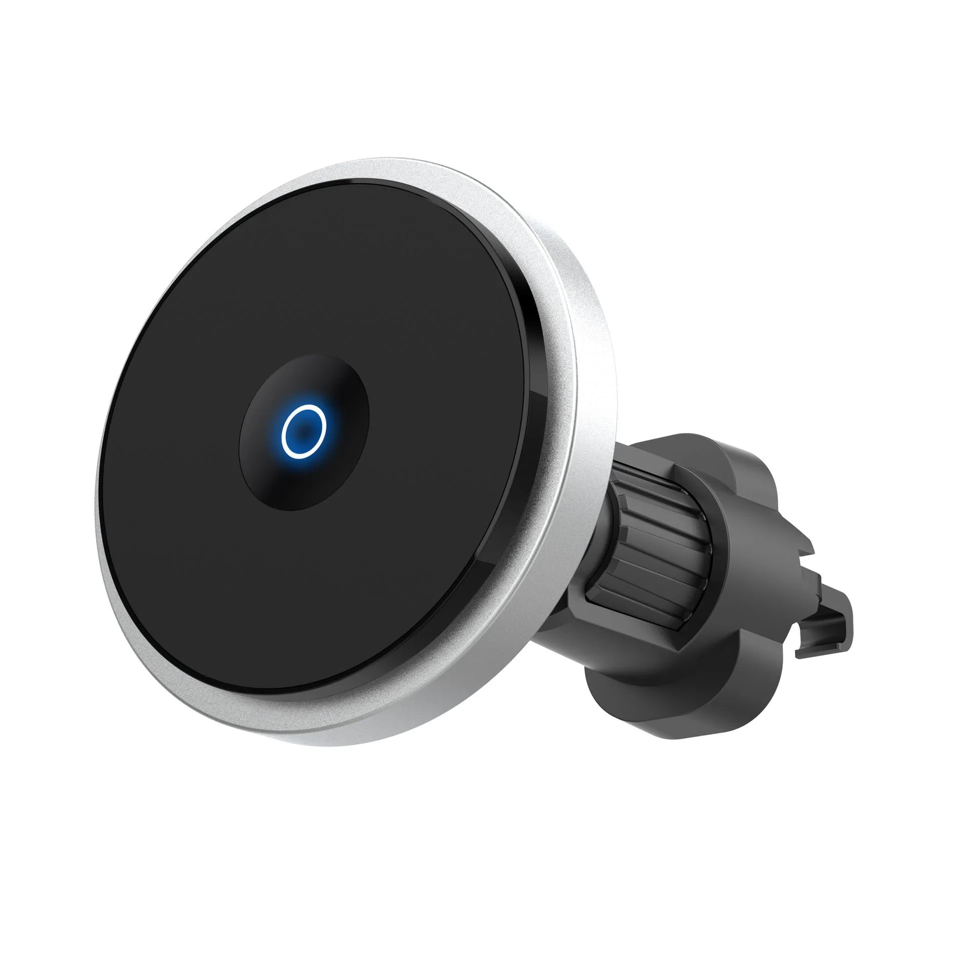 Silver magnetic 15W wireless car charger mounted on a car air vent showing aluminium alloy construction
