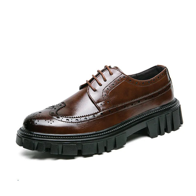 Men's black and brown brogue business shoes with round toe and artificial PU uppers