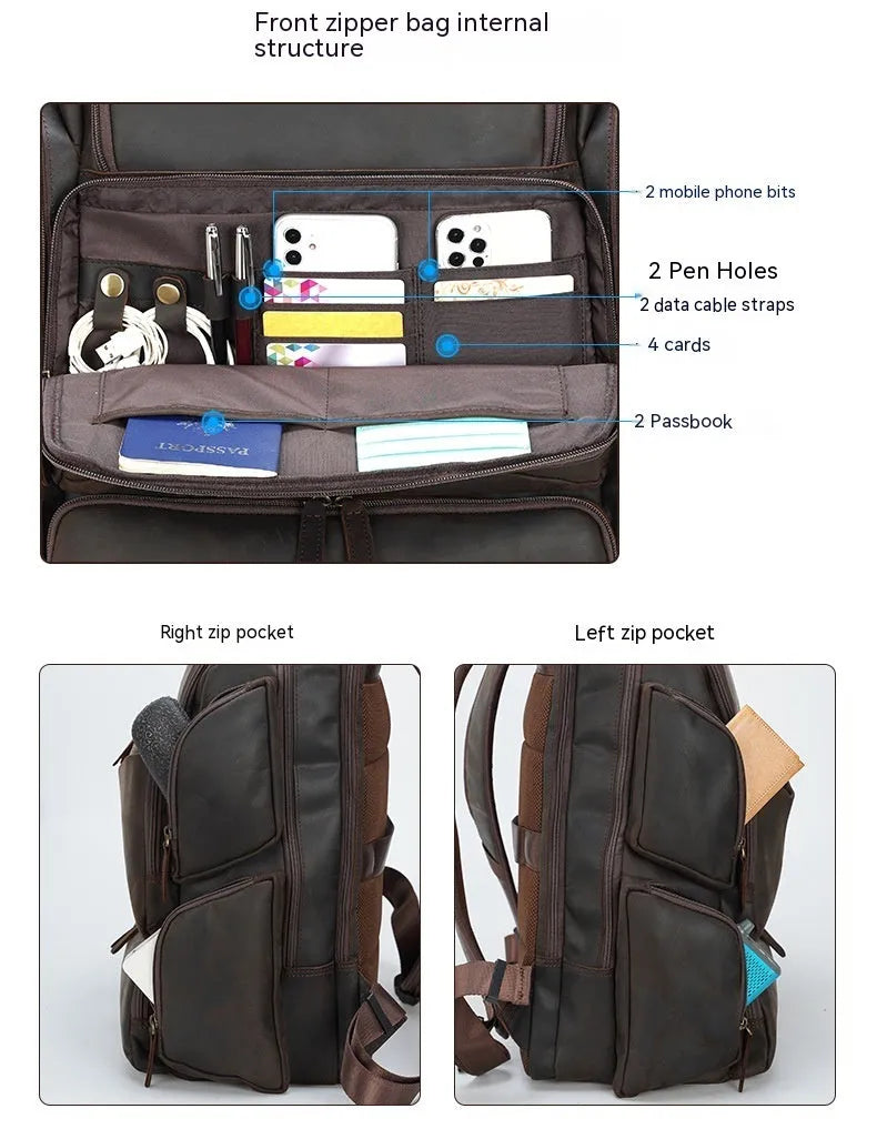 Dark brown genuine cowhide leather backpack with double shoulder straps and organisational compartments for 17-inch laptop