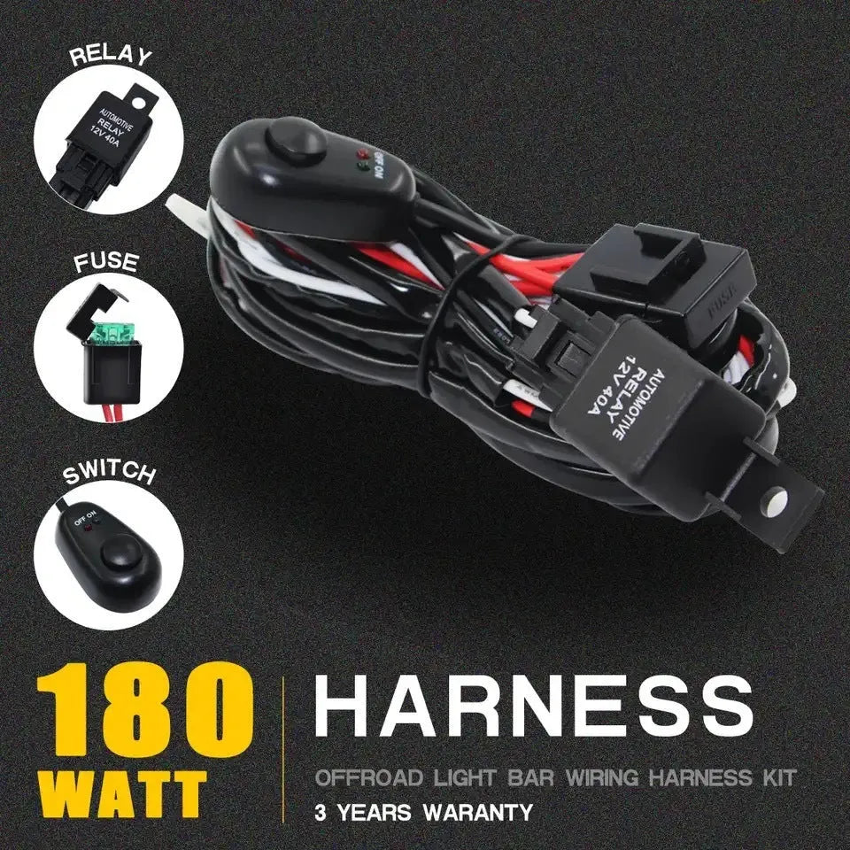 LED work light wiring harness with silicone cable and automotive connectors for vehicle roof spotlight installation