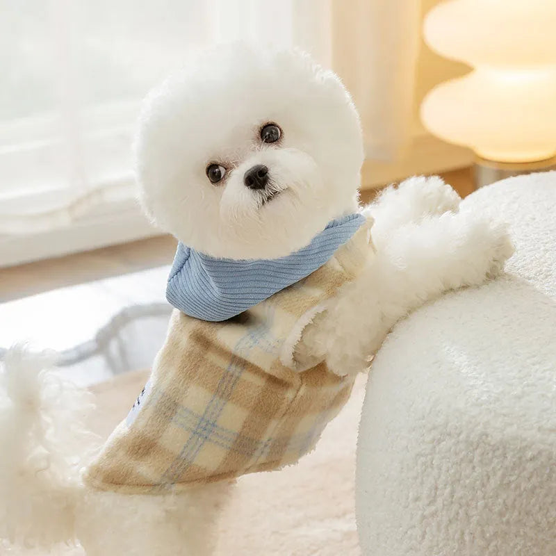 Blue corduroy hooded vest for pets with chessboard grid pattern and adjustable hood for autumn winter wear