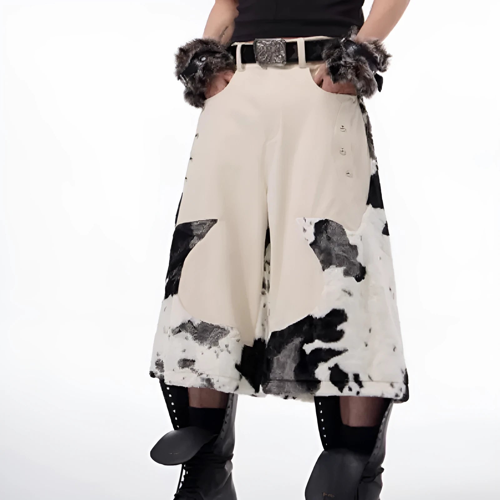 Stitching milk fiber fur cropped pants in checkered striped patterns with Asian sizing for teenage fashion